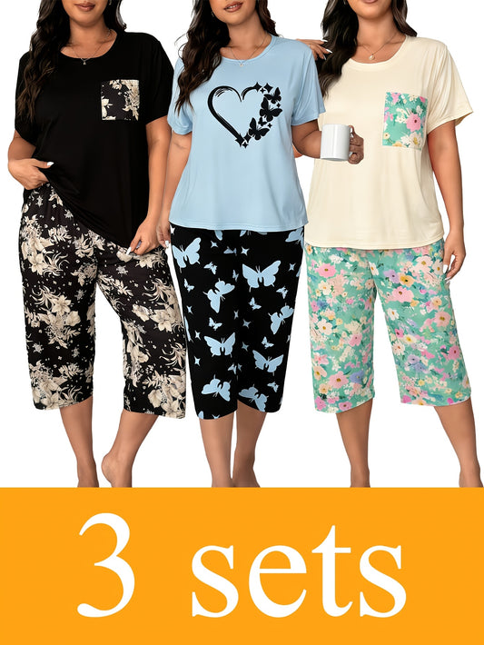 6pcs Plus-size Women's Short-sleeved Seven-inch Pants Pajama Set, Summer New Style, Floral, Butterfly, Heart Pattern - Suitable for Home Wear As An Outerwear Plus-size Outfit