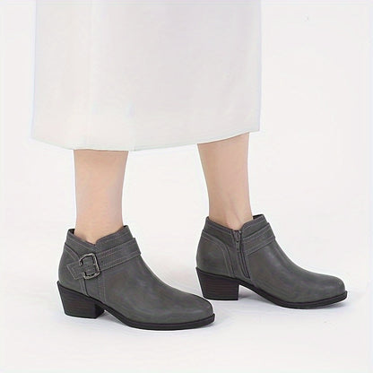 Women's Chunky Low Heel Ankle Boots, Classic Solid Color Buckle Strap & Side Zipper Booties, Women Shoes