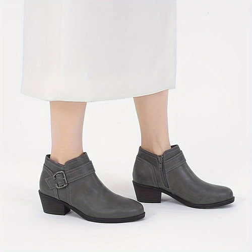 Women's Chunky Low Heel Ankle Boots, Classic Solid Color Buckle Strap & Side Zipper Booties, Women Shoes