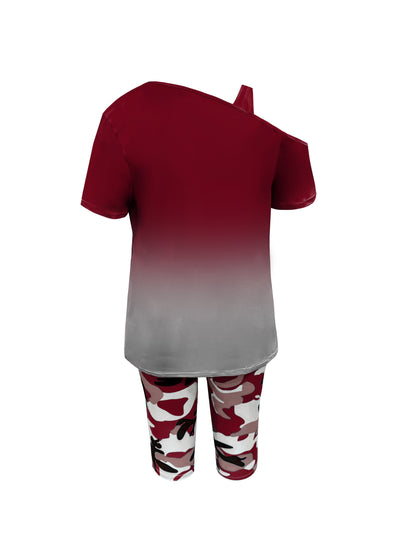 Plus Size - Ladies Fashion Daily Casual Suit, Diagonal Shoulder Camisole Gradient Letter Print Top + Camouflage Capri Pants Design.