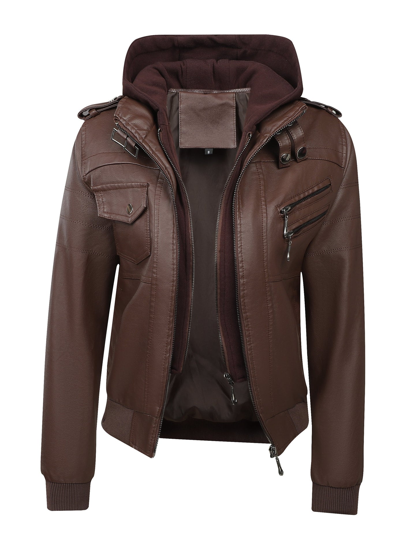 Women's Vintage-Style PU Leather Jacket - High Quality, Windproof, Tear- with Detachable Hood Casual Outdoor Riding Jacket