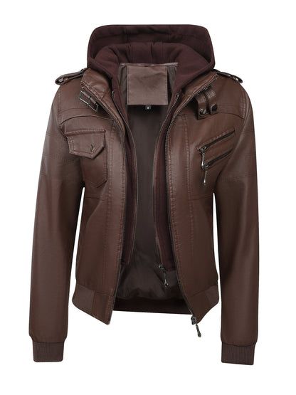 Women's Vintage-Style PU Leather Jacket - High Quality, Windproof, Tear- with Detachable Hood Casual Outdoor Riding Jacket