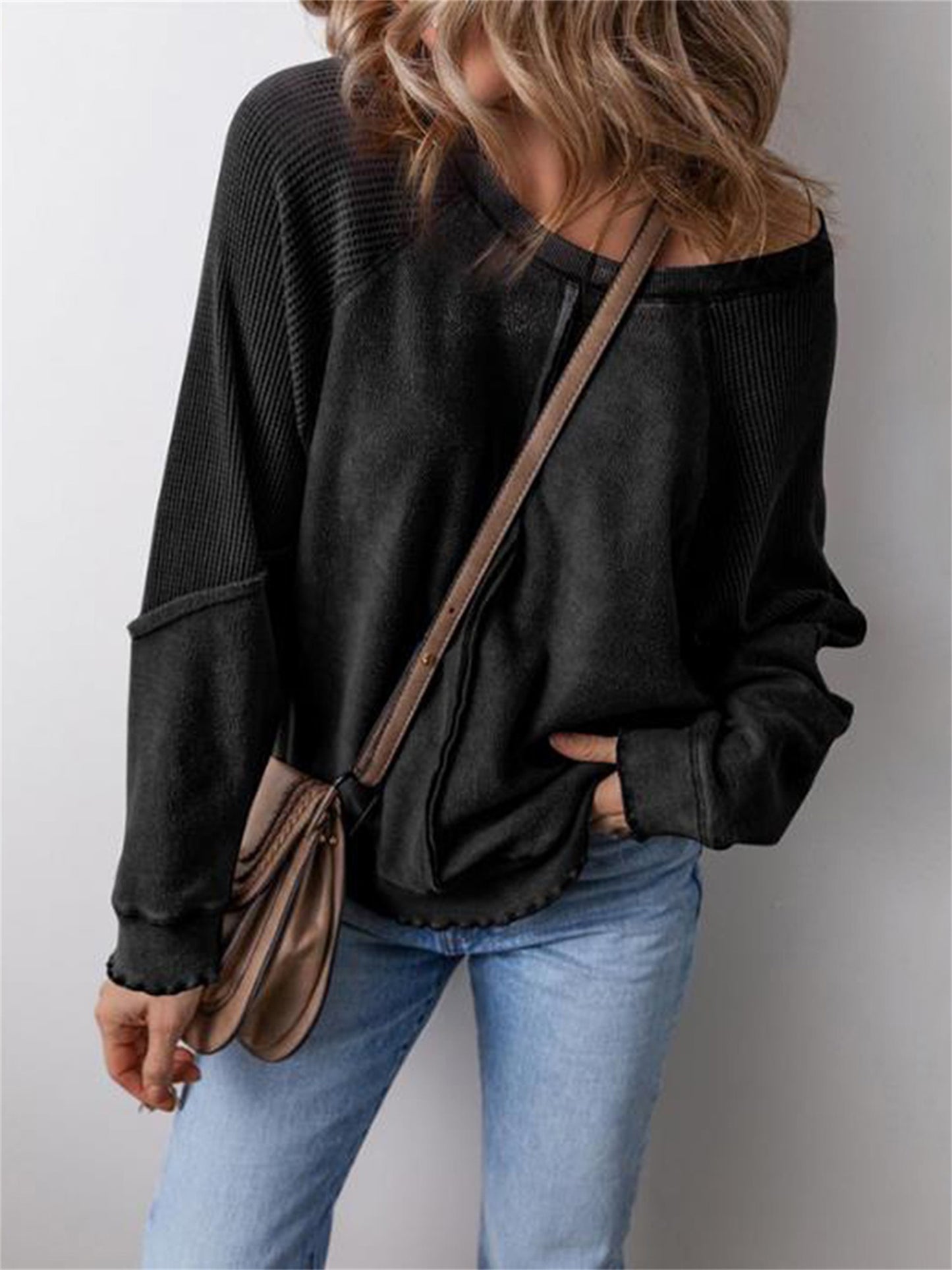 Women's Waffle Pattern Loose Splicing Long Sleeve Early Spring Street Fashion Style