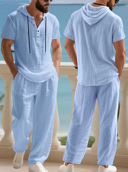 Men'S Casual Linen Hooded 2pcs Set, Short Sleeve Drawstring Henley Shirt And Wide Leg Pants, Breathable Non-Stretch Fabric, Loose Fit for Vacation, Home And Outdoor, Multi-Color Options