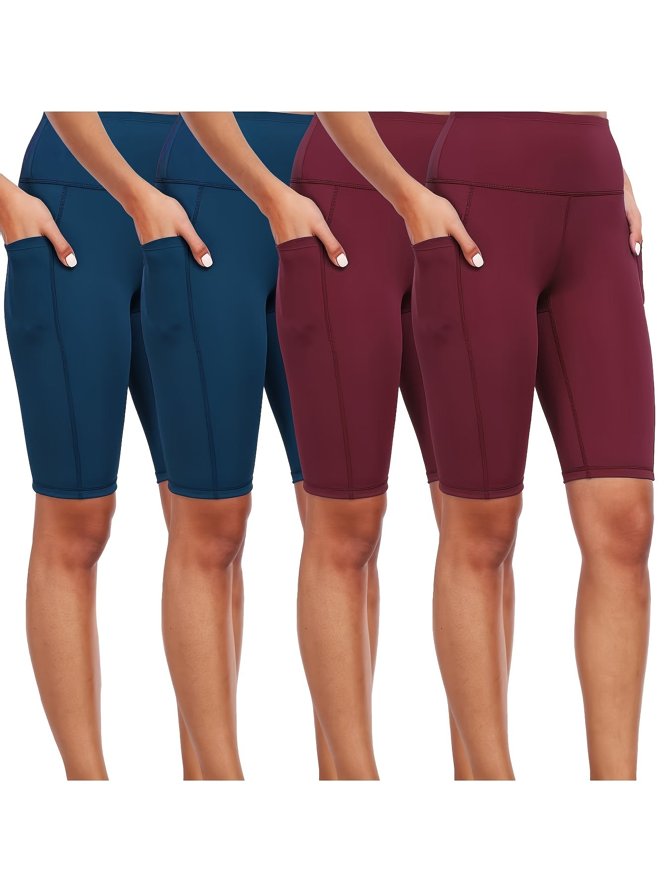 4pcs Women'S High-Waisted Tummy Control Yoga Shorts With Pockets For Running, Cycling, Fitness Breathable Fabric, Navy, Burgundy, Charcoal, Black Activewear, Gym Shorts, Running Gear, Functional Pockets, Thanksgiving Day Christmas Costumes For Women