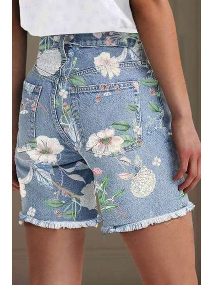 Women' Stretch Denim Shorts - Comfortable Retro Jeans, Floral Prints, Cinched Waist and High-waisted Design, Perfect for Spring and Summer.
