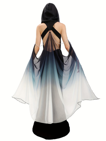 Full-Length Tulle Gothic Bridal Fairy Cloak with Hood for Women, Off-Shoulder Capelet