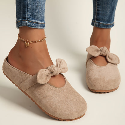 [Slip-On Mules Bow Detail] Women's Slip-On Mules with Thick Cushioned Soles And Bow Detail - Soft Fabric Upper, Breathable PU Lining, Sole - All-Season Comfort for Casual And Formal Wear (Beige/Yellow/Pink) - Extended Sizes Available, Mule Shoes, Comforta