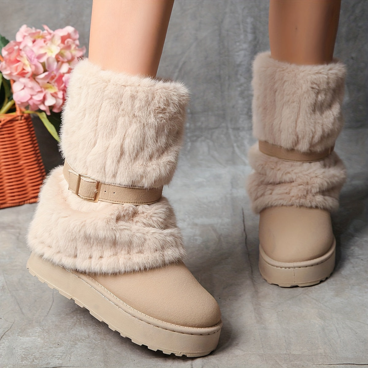 Women's Winter Warm Mid-Calf Boots Thick-Sole Style Non-Slip Rubber Sole Lining Wide-Fit Oversized Cold-Weather Footwear, Women Shoes