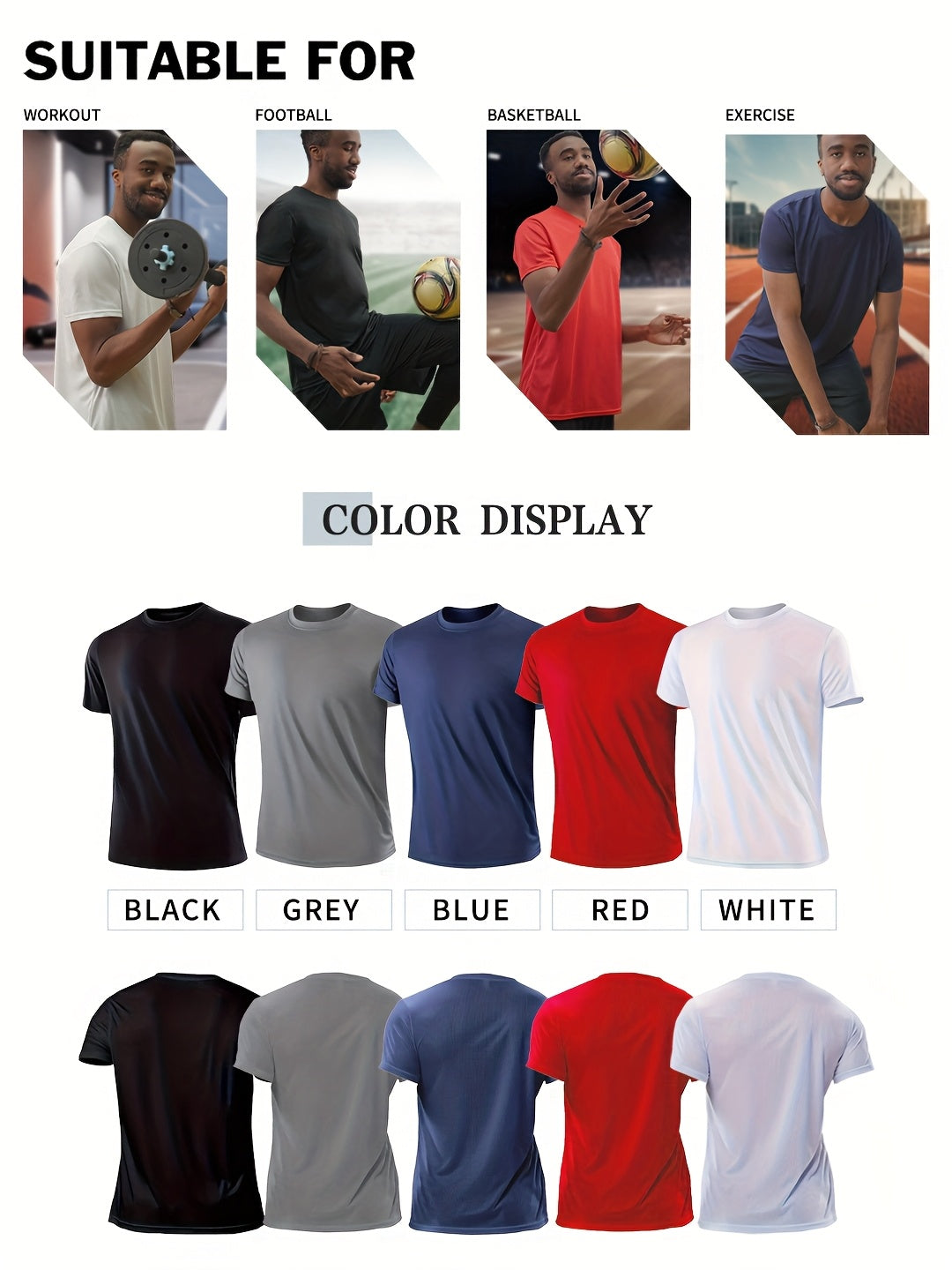 5pcs Men'S Summer Loose Crew Neck Short Sleeve T-Shirt - Check Fabric Top-Moisture-absorbent, Breathable, Soft And Comfortable For Daily Sports, Fitness And Training