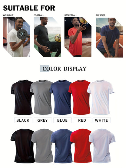 5pcs Men'S Summer Loose Crew Neck Short Sleeve T-Shirt - Check Fabric Top-Moisture-absorbent, Breathable, Soft And Comfortable For Daily Sports, Fitness And Training