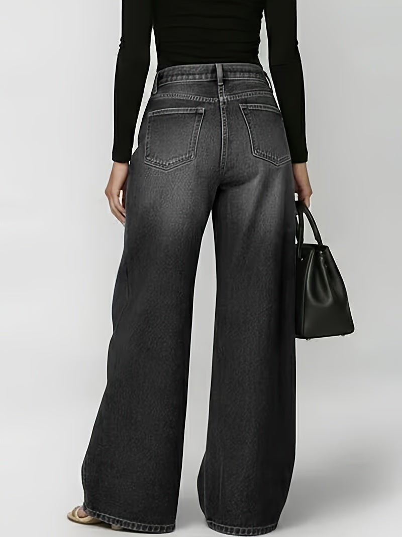 [Retro Denim Jeans] New Retro Style Denim Jeans for Women, With Metal Eyelets Designed for Casual And Loose Fit, High Waisted And Wide Leg Jeans, Street Cool Women's Clothing, Black Retro Blue Light Blue Women's Straight Leg Denim Pants