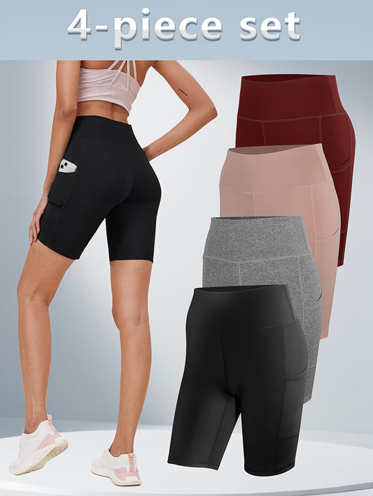 4pcs Women'S High-Waisted 5-Pocket Yoga Shorts - Butt-Lifting Workout Shorts with Pockets, Mid-Stretch Breathable Fabric for Summer Yoga, Pilates & Gym Training - Solid Colors (Red/Black/Gray/Blue), Gym Shorts, Seamless Design