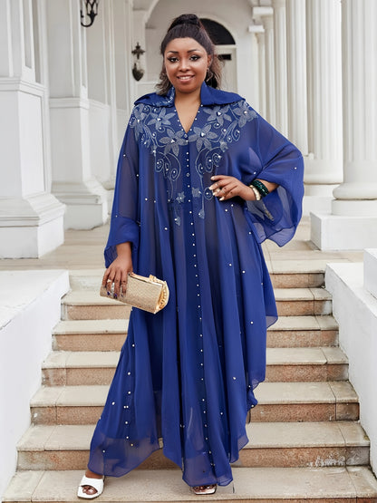 Chic Rhinestone Wrap for Women Featuring Trumpet Sleeves - A Loose-Fitting Long Cape Inspired by Middle Eastern Styles, Adorned with Semi-Sheer Pearls And Crystals, with a Split Hem Perfect for Summer Weddings And Formal Occasions
