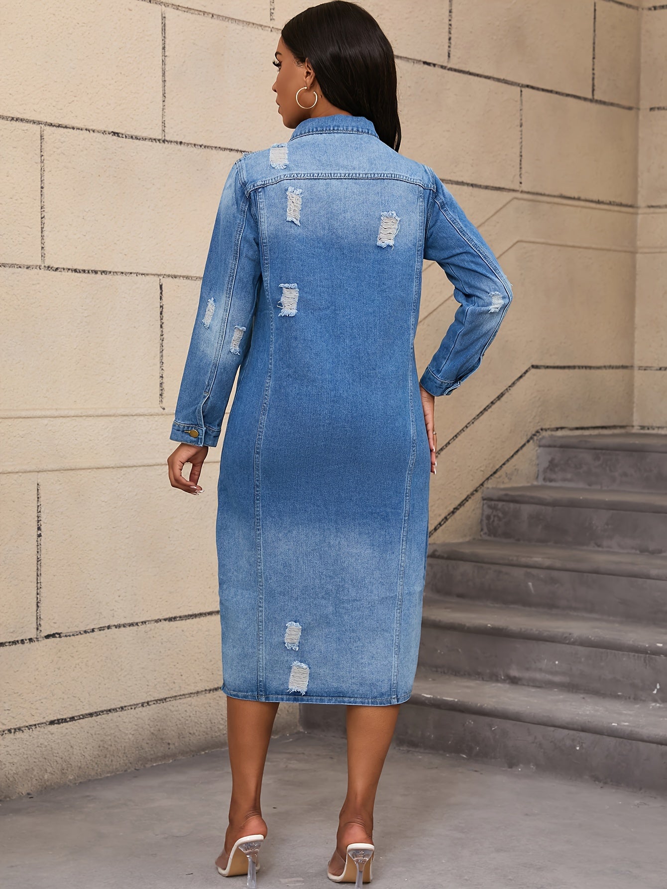 Long Denim Coat with Worn Holes Long Denim Trench Coat for Women