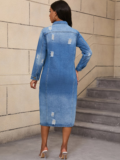 Long Denim Coat with Worn Holes Long Denim Trench Coat for Women