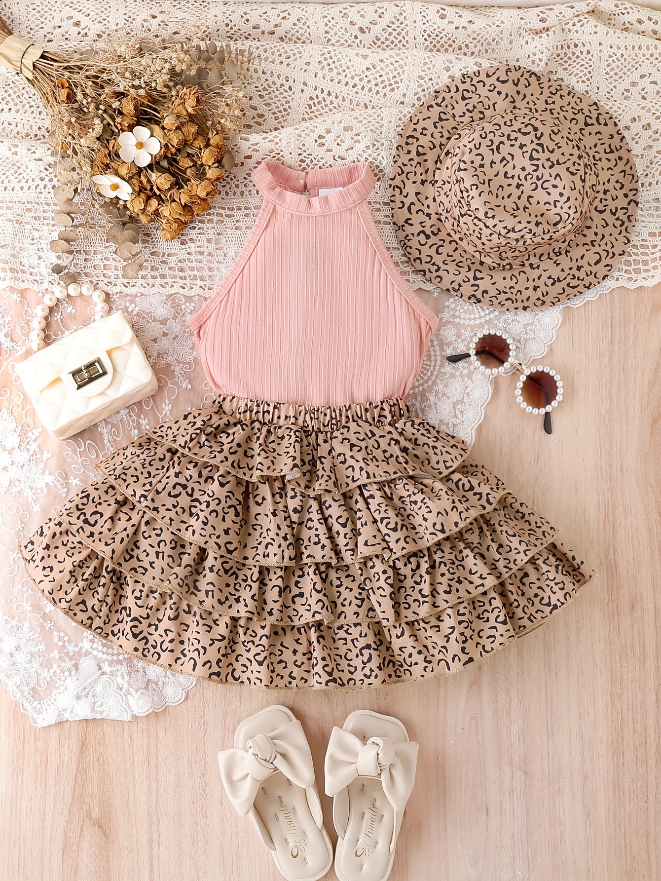 Three-Piece Vintage Leopard Print Outfit for Girls - Includes a Sleeveless Blend Bandeau Top, a Tiered Skirt, And a Matching Hat - Perfect Casual Summer Attire for Children Featuring Frill Accents