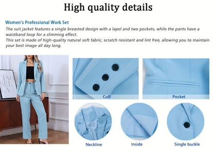 Women's Casual Two-Piece Set, Fashionable Business Style, Solid Color Long Sleeve Blazer And Pants, Polyester, Button-Up, Regular Fit, with Weekend Casual Wear
