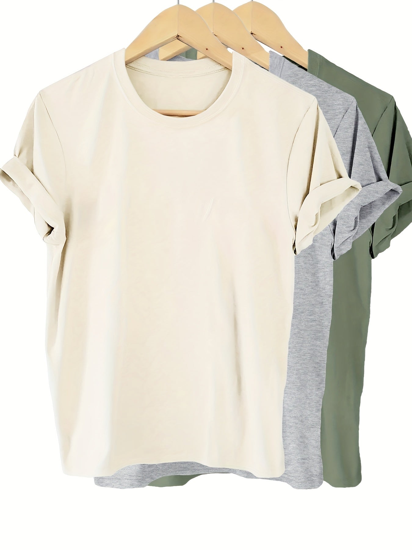 3pcs Pack Solid Color 100% T-Shirt, Summer And Spring Short Sleeve Crew Neck Casual Top, Women'S Clothing