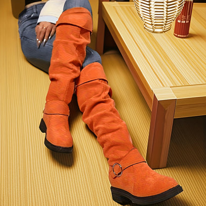 Women'S Ruched Slouchy Boots, Chunky Heel Long Boots, Versatile Over-The-Knee Boots, Women Shoes