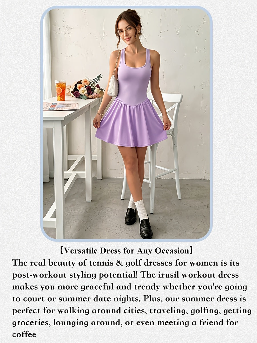 Womens Sleeveless 2-in-1 Athletic Tennis Golf Dress, Underneath Workout Dresses With Built-in Shorts Pocket, Workout Jumpsuits For Women Tummy Control With Double Lined Outfits.
