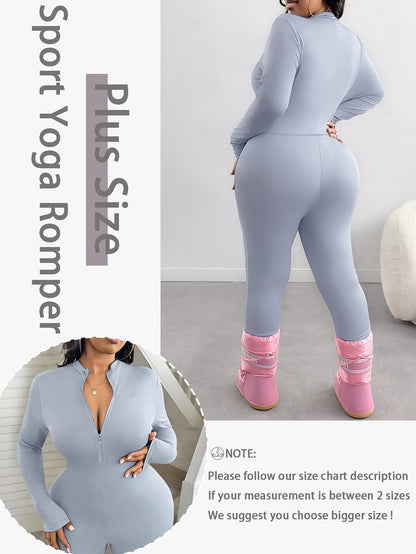 Plus Size, Plus Size Spring/Summer Women's Solid Color Jumpsuit, Front Half Zipper Design, Waist Cinched, Slim Fit, Flatter The Figure Fall, S & Simple Casual, Suitable for Cycling,, And Other.