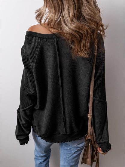 Women's Waffle Pattern Loose Splicing Long Sleeve Early Spring Street Fashion Style