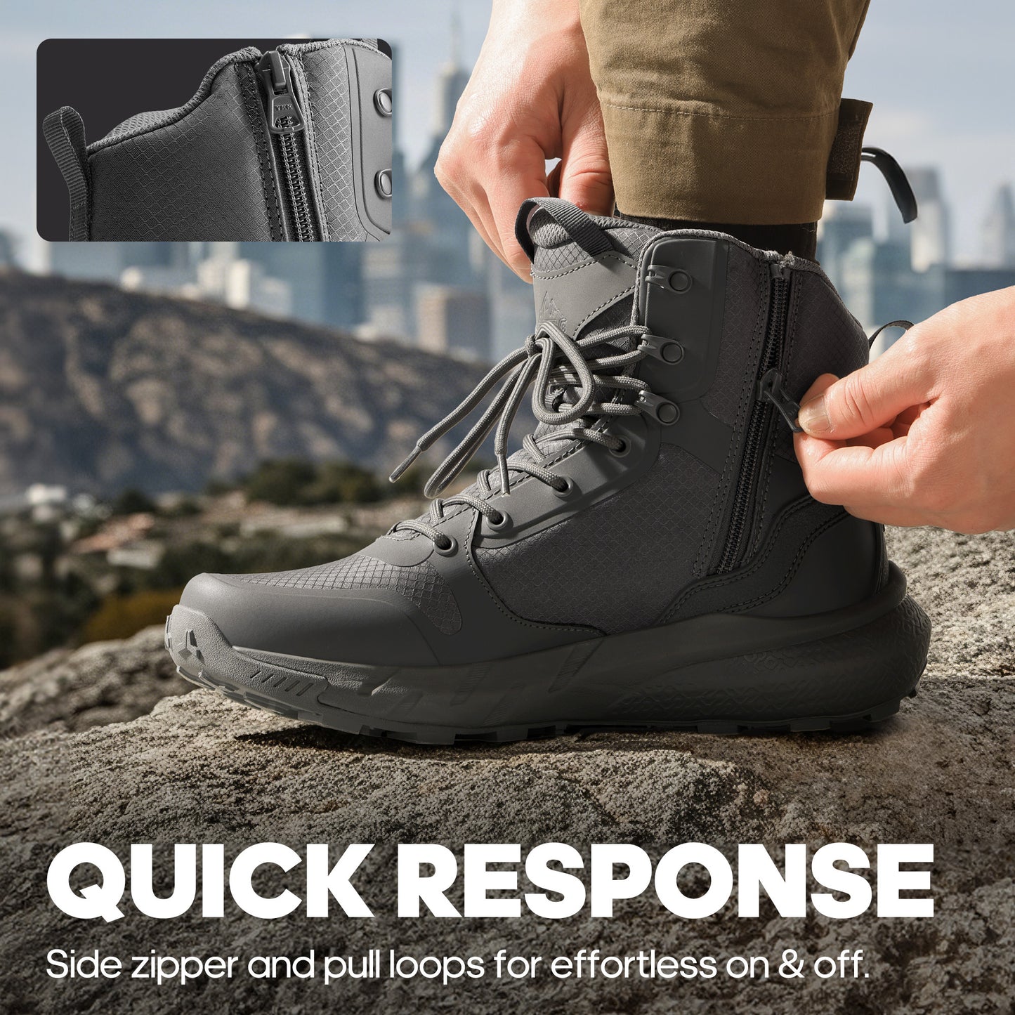 Men's Waterproof Hiking Boots Mid Tactical Boot Comfortable Lightweight Boots for Work All Day Side Zipper Motorcycle Combat Boots Backpacking Trekking