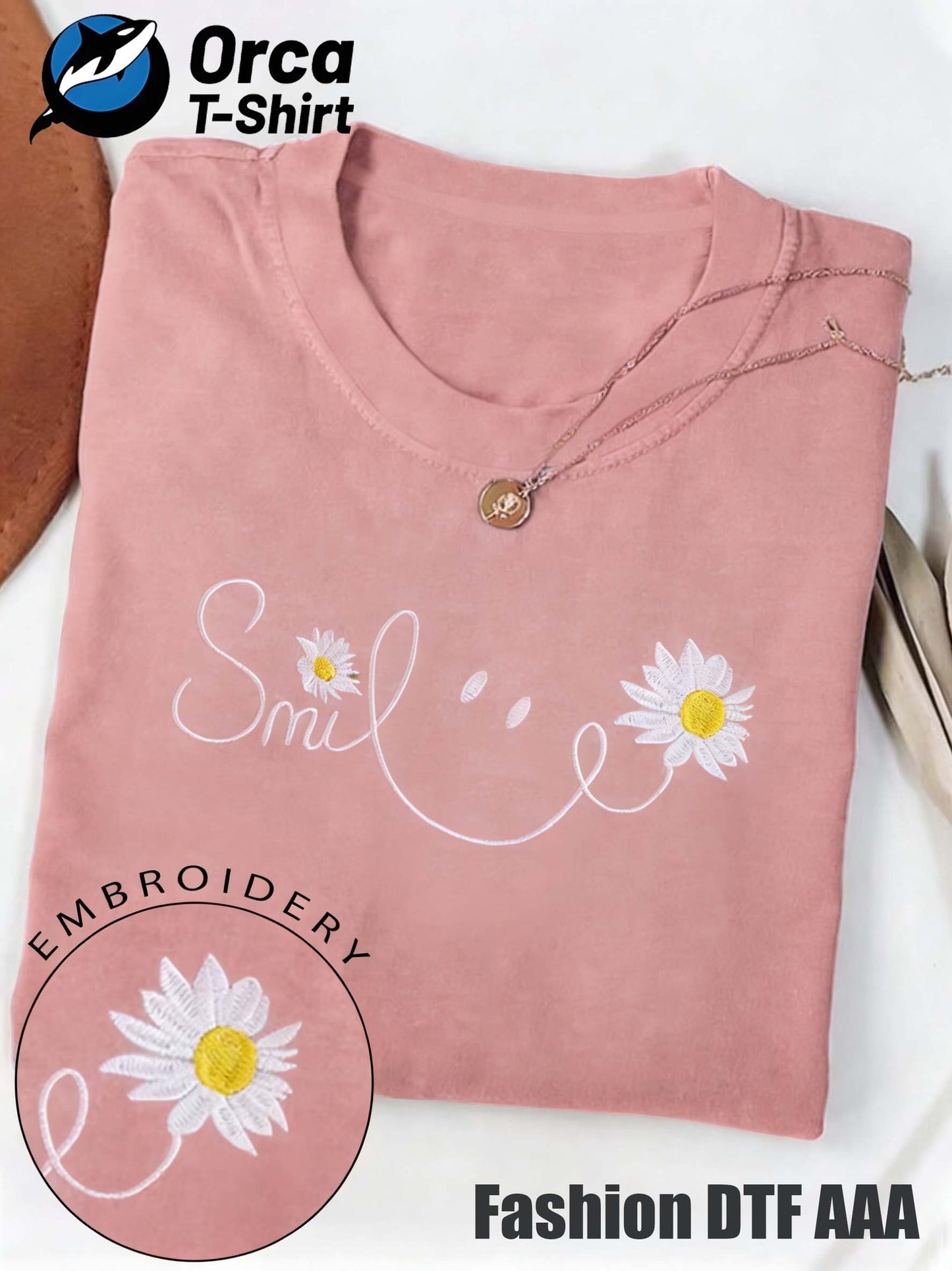 Local Delivery - Autumn Comfort Unisex T-Shirt, Smile Daisy Embroidery Print Short Sleeve T-Shirt, Thanksgiving and Christmas Gift, Holiday Celebration Apparel, Machine Washable, Women's Short Sleeve, Men's Short Sleeve, Fun and Comfortable Style