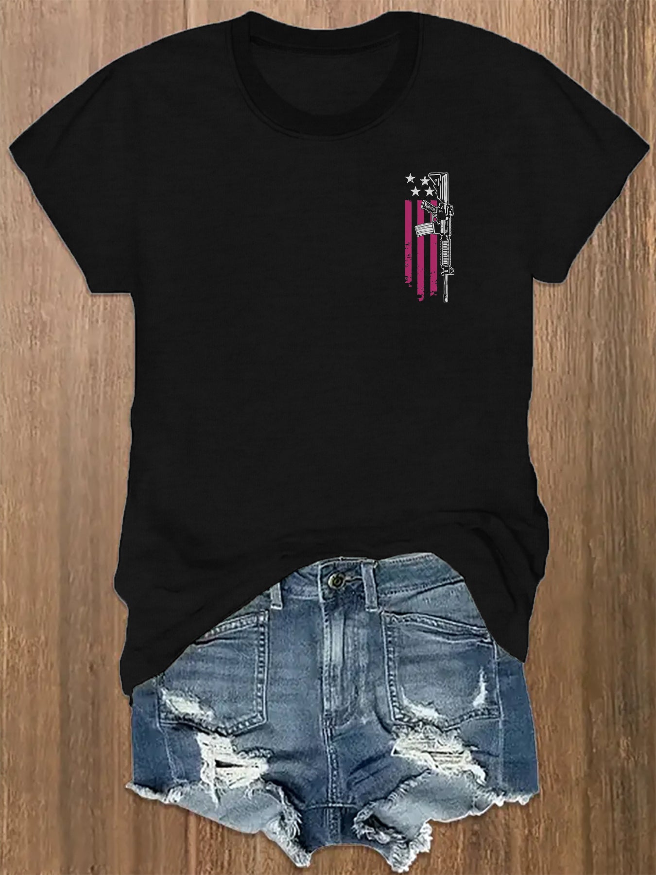 [Front and Back Double Image] Women's Black Pattern T-Shirt- "Messy Bun and Gun Full of Bullets" Slogan Design- Spring Summer Casual Short Sleeve Round Neck Printed Top and Bottom