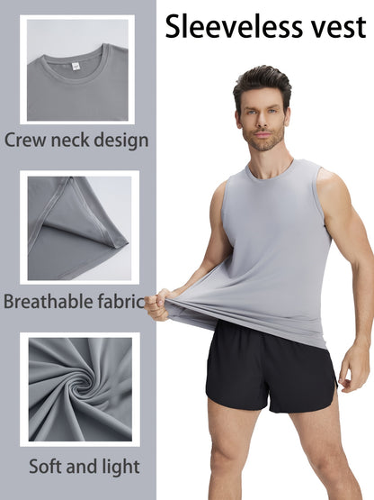 5pcs Men's Quick-Dry Sleeveless Athletic Vests - Breathable Moisture-Wicking Shirts, Solid Color Round Neck Gym Wear Suitable for Sports, Fitness, Outdoor Activities, Spring & Summer, Machine Washable Sleeveless