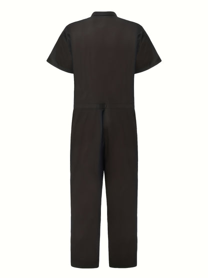 Men's Plus Size Short Sleeve Coverall Jumpsuit, Four-Way Stretch Fabric, Rolled Short Sleeves, Stand-Up Collar Half-Open Placket, Multi-Pocket Design, Industrial/Utility Style Casual Workwear, Effortlessly Shaping a Men's Casual and Trendy Look