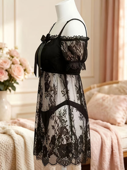 Plus Size Lace Nightdress for Curvy, Sexy Lingerie, Lace & Bow Off-Shoulder Design, Perfect for Home Bedroom Private Space, Super Textured & Attractive