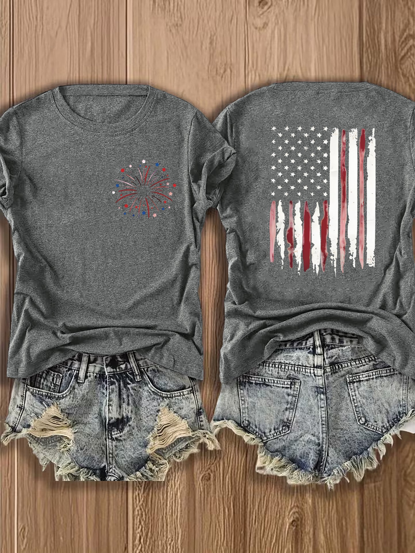 Women'S Summer Crew Neck Short Sleeve T-Shirt, Lightweight & Breathable, American Flag & Fireworks Print, Casual Street Style Top For Daily Wear & Patriotic Celebrations, Comfortable Athletic Outfit