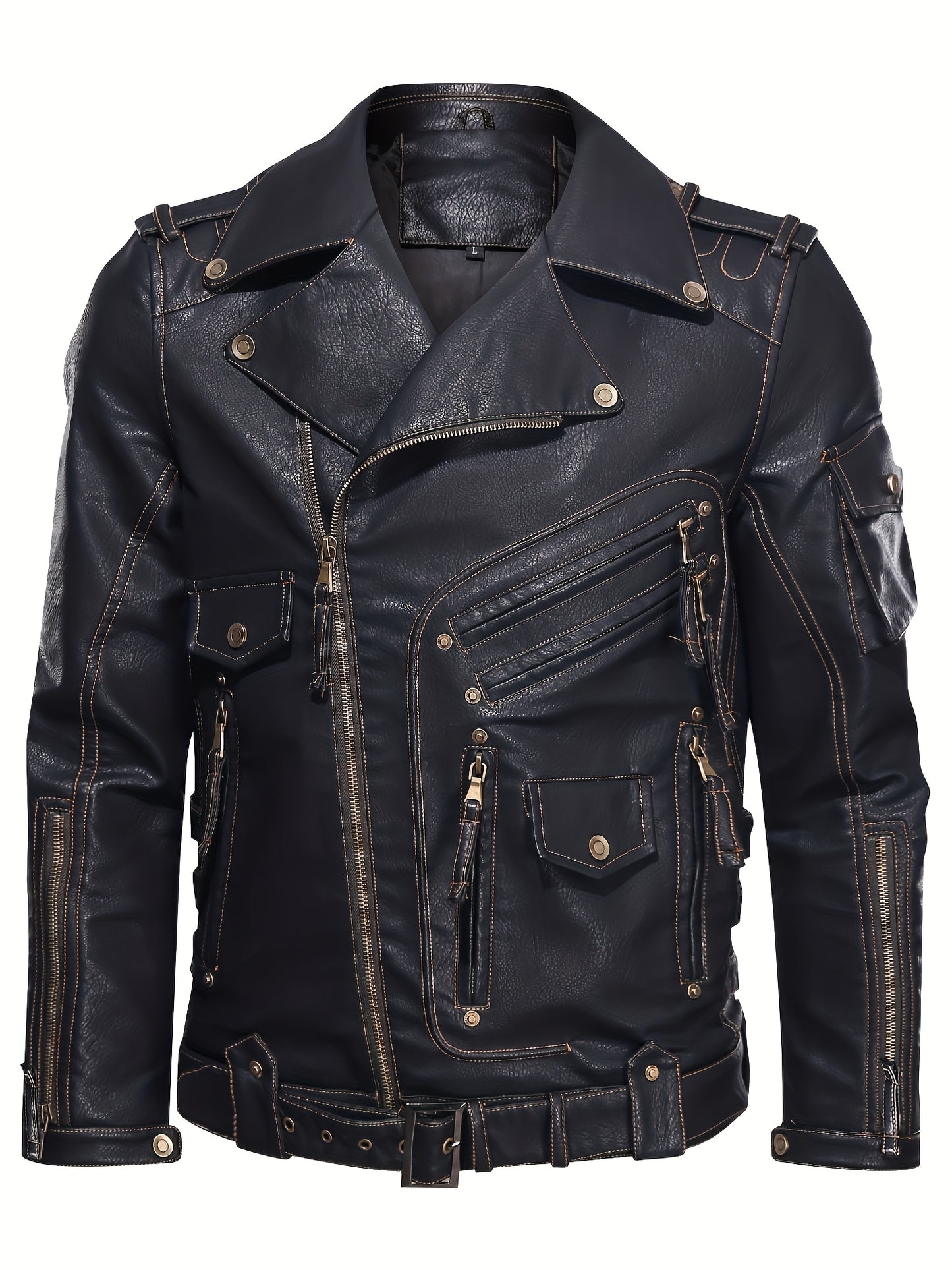 Men's Classic Black Motorcycle Biker Jacket - Multi Zipper Pockets, Adjustable Belt, Vintage Streetwear, Stylish Outerwear for Riding, Travel, Parties, Everyday Urban Look, Gift Idea
