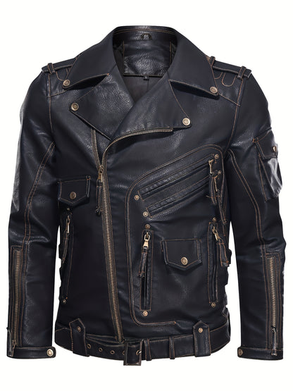 Men's Classic Black Motorcycle Biker Jacket - Multi Zipper Pockets, Adjustable Belt, Vintage Streetwear, Stylish Outerwear for Riding, Travel, Parties, Everyday Urban Look, Gift Idea