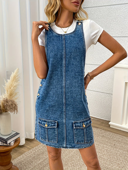 25AW+ Women'S Casual Denim Overall Dress, Sleeveless And Fashionable Washed - Blue Denim Dress, Showcasing a Double-Pocket Design at The Hem And Adjustable Shoulder Straps, Ideal for Spring, Summer, And Fall