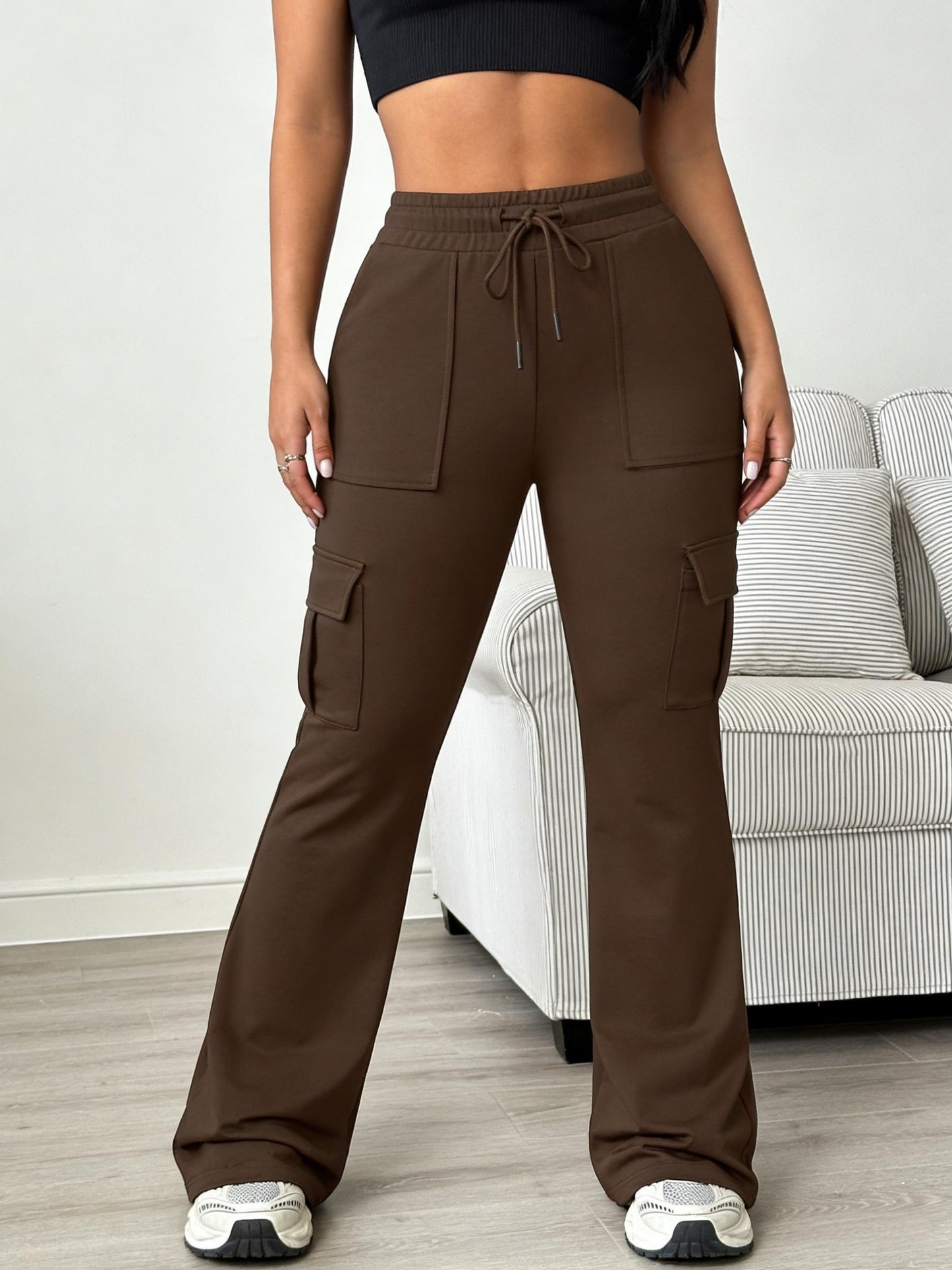Women'S Solid Color Casual Drawstring Wide-Leg Sweatpants With Pockets, Elastic Waist Micro Flare Cargo Pants, Stretchy Pants For Daily Casual & Wear