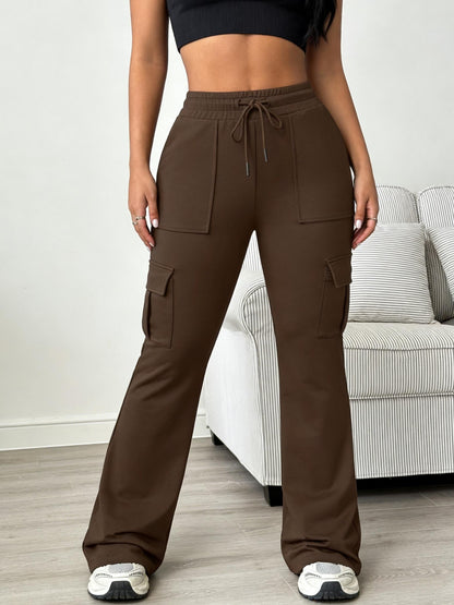 Women'S Solid Color Casual Drawstring Wide-Leg Sweatpants With Pockets, Elastic Waist Micro Flare Cargo Pants, Stretchy Pants For Daily Casual & Wear