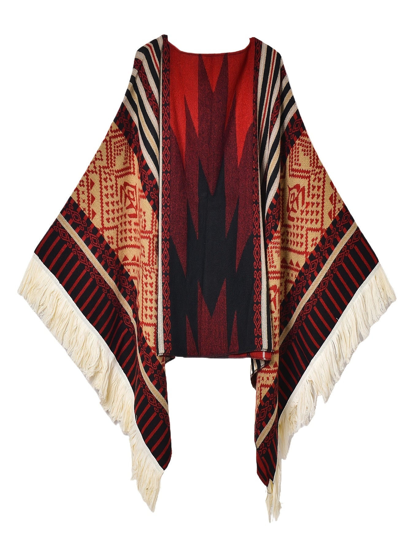 Men's Western Bandit Cape Coat with Tribal Print, Warm V-Neck Poncho with Tassel Trim for Outdoor Adventures, Fall and Winter Casual Wear (Brown/ White)