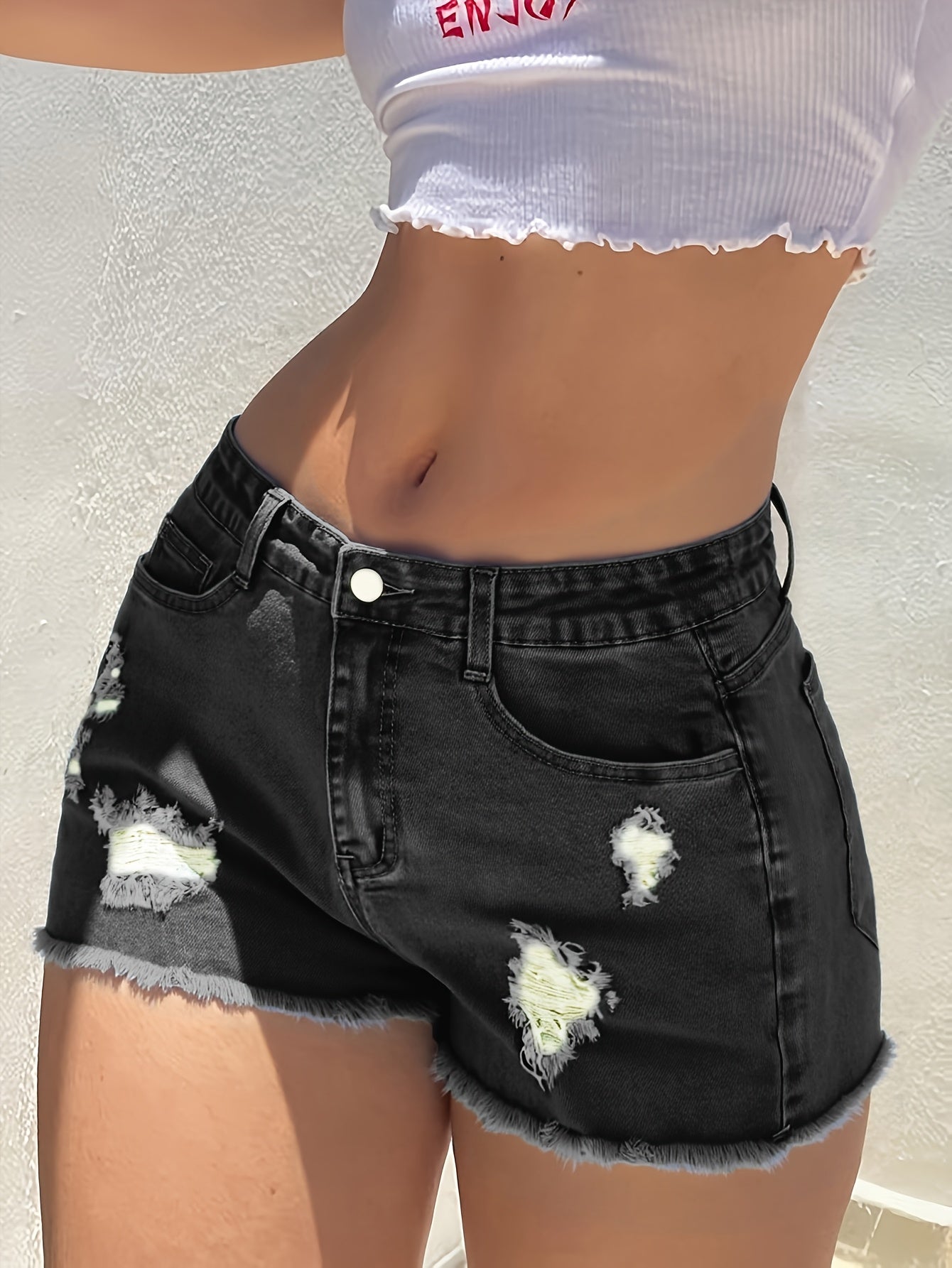 Women's Street Style Summer Ripped Mid-Rise Denim Shorts Hot Pants - Distressed Details, Machine Washable, Casual Comfort for Warm Weather