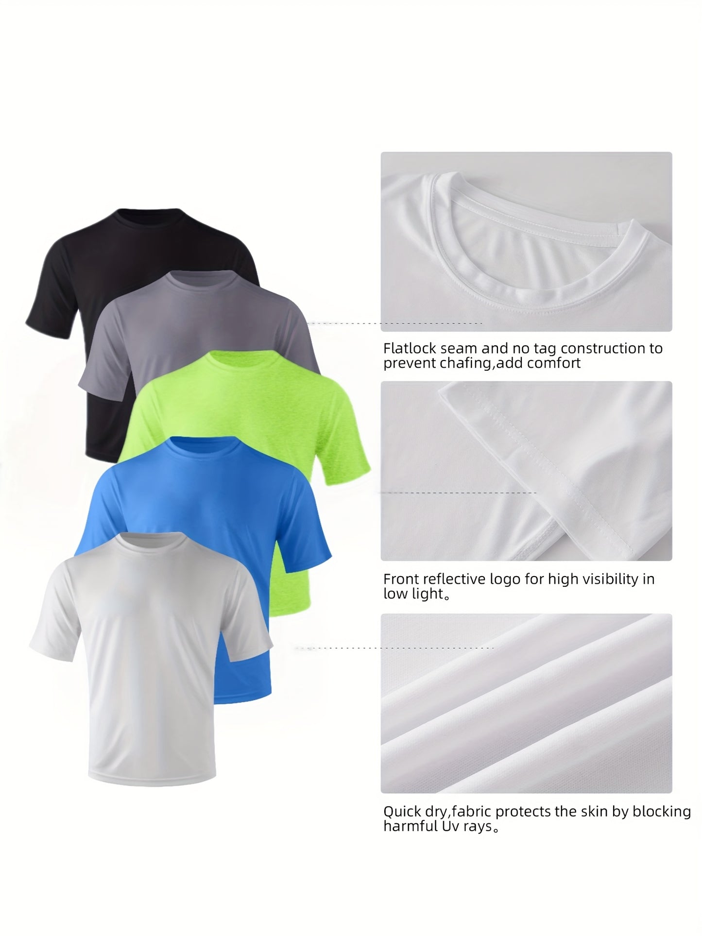 5-Pack Men's Quick-Dry Crew Neck short sleeves T-Shirts, Moisture Wicking, UPF 50+ Sizes S-3XL