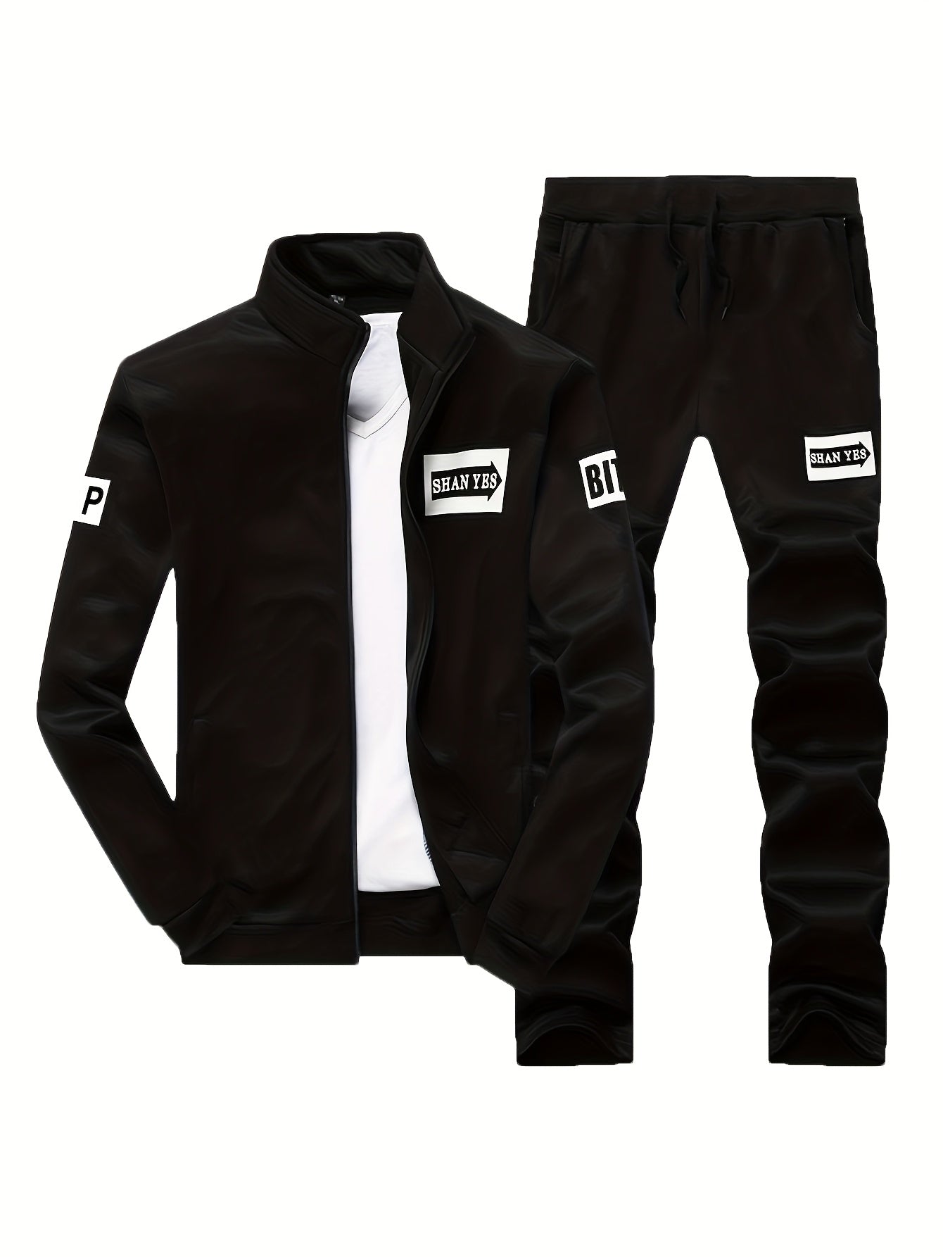Men'S Navy Blue Tracksuit Set for Spring And Autumn - Zip-Up Jacket with 'SPORT' Print And Joggers, Made of 100%, Non-Stretch Material, Featuring Pockets