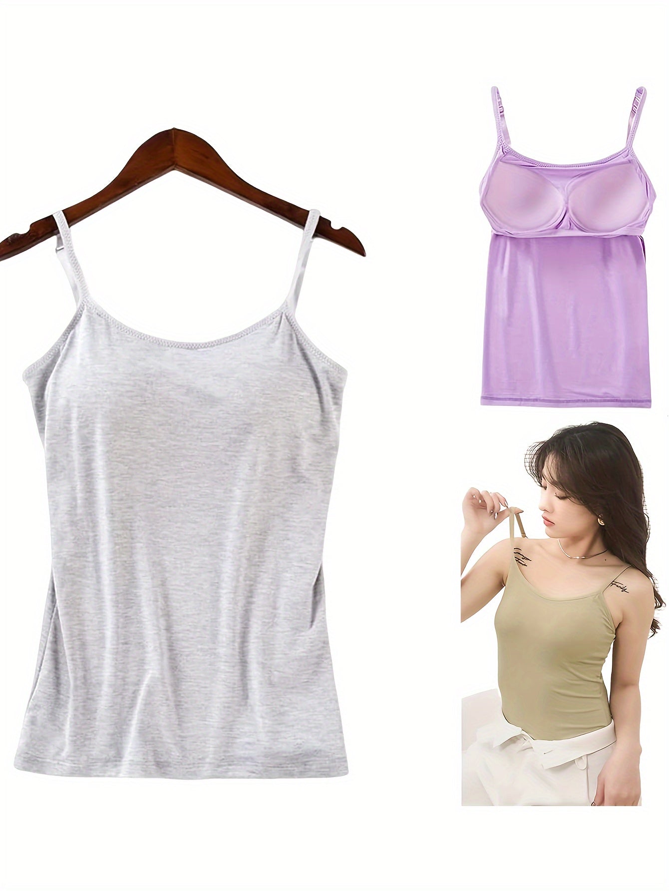 Ladies' Tank Top Featuring an Integrated Bra - Padded Camisole For, Highly Elastic Spaghetti Straps with Adjustable Breathable Straps Available in Sizes S to XL