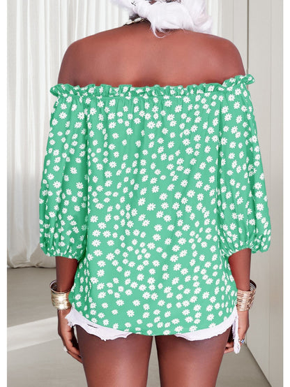 Womens Summer Off Shoulder Blouse Floral Print 3/4 Sleeve Casual Chiffon Tops Shirts