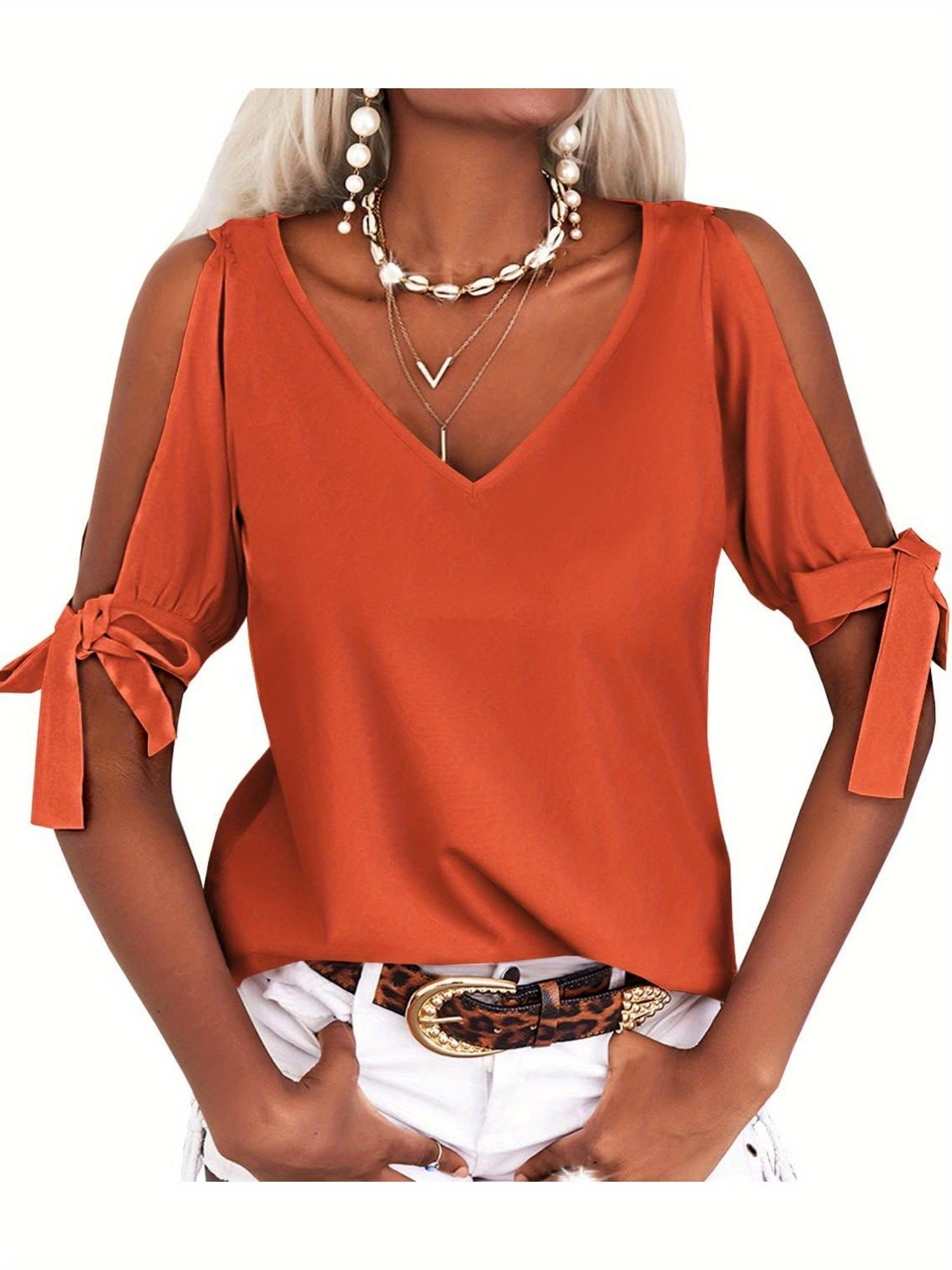Women's Cold Shoulder Tops Short Sleeve V-Neck Casual Loose Cutout Summer Fashion Tshirts Blouse Shirts