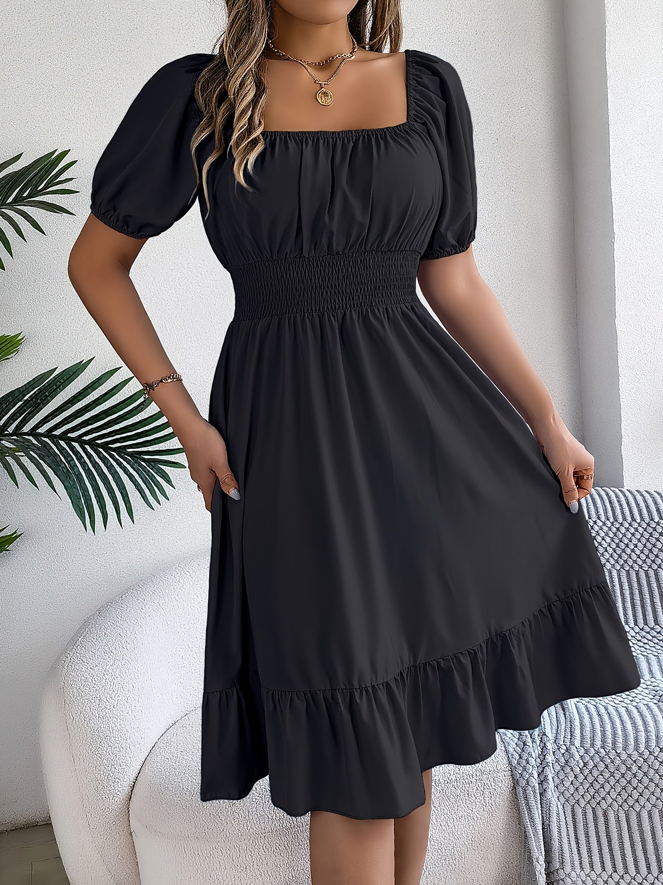 A-Line Dress with Puff Sleeves And Square Neck for Women'S Spring - Summer 2024 Fashion