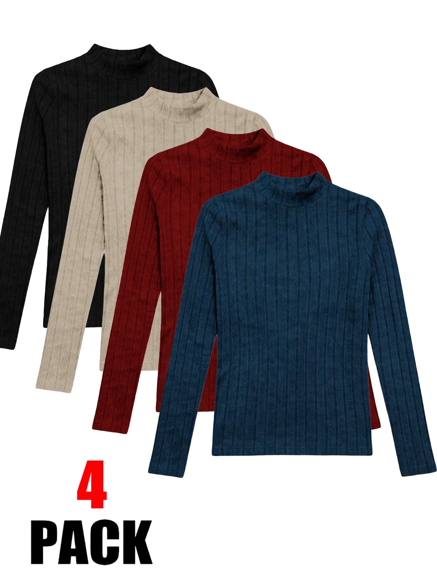 4 Elegant Slim Fit High Neck Long Sleeved T-Shirts for Women - Solid Color Ribbed Top, Machine Washable And Dry Cleanable, Suitable for Casual And Formal Wear All Year Round, Medium Elasticity