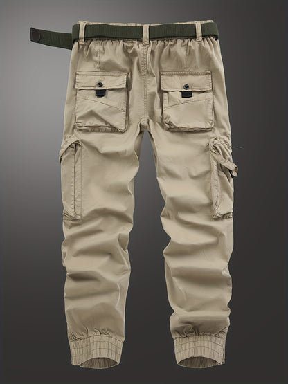 Solid Cargo Men's Casual Long Pants with Multiple Pockets AndButtons, Outdoor Hiking Camping Mountaineering