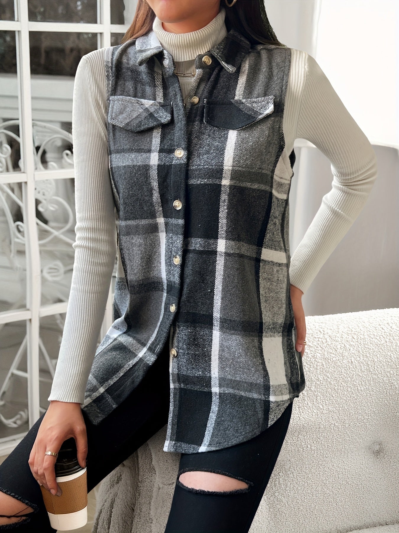 Fashionable Women'S Lapel Vest Jacket in Plaid for Spring, Autumn, And Winter